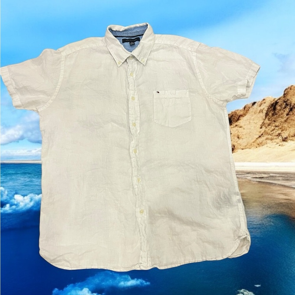 Solid White Tommy Hilfiger Size XL 100% Linen Button Down Shirt Pocket Logo